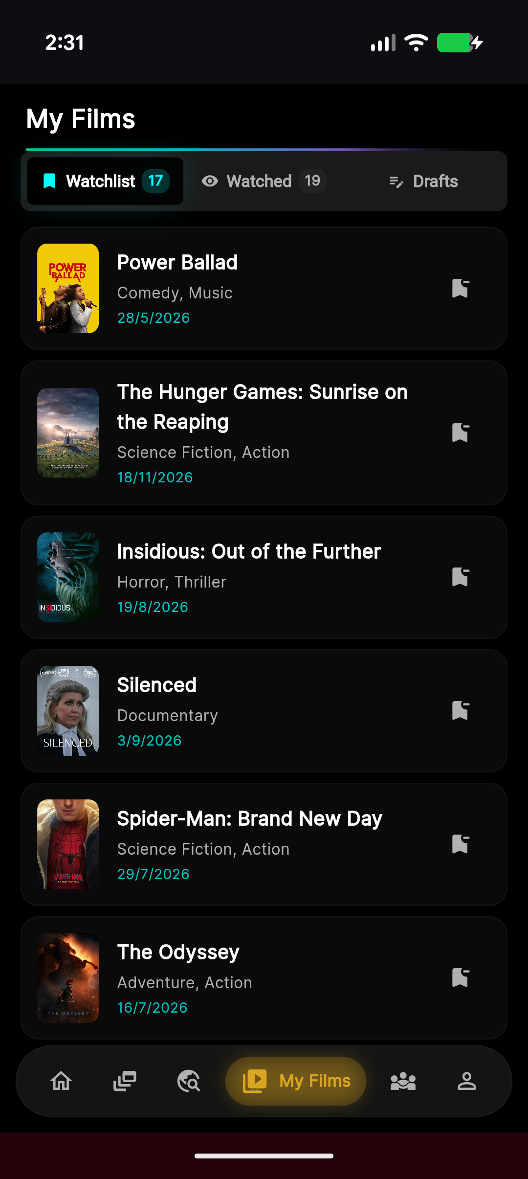 moviemates.social My Films tab on iPhone — three sub-tabs (Watchlist 17, Watched 19, Drafts) with the Watchlist active. Films listed with poster, title, genre, and release date: Power Ballad (Comedy, Music, 28/5/2026), The Hunger Games: Sunrise on the Reaping (Science Fiction, Action, 18/11/2026), Insidious: Out of the Further, Silenced, Spider-Man: Brand New Day, and The Odyssey