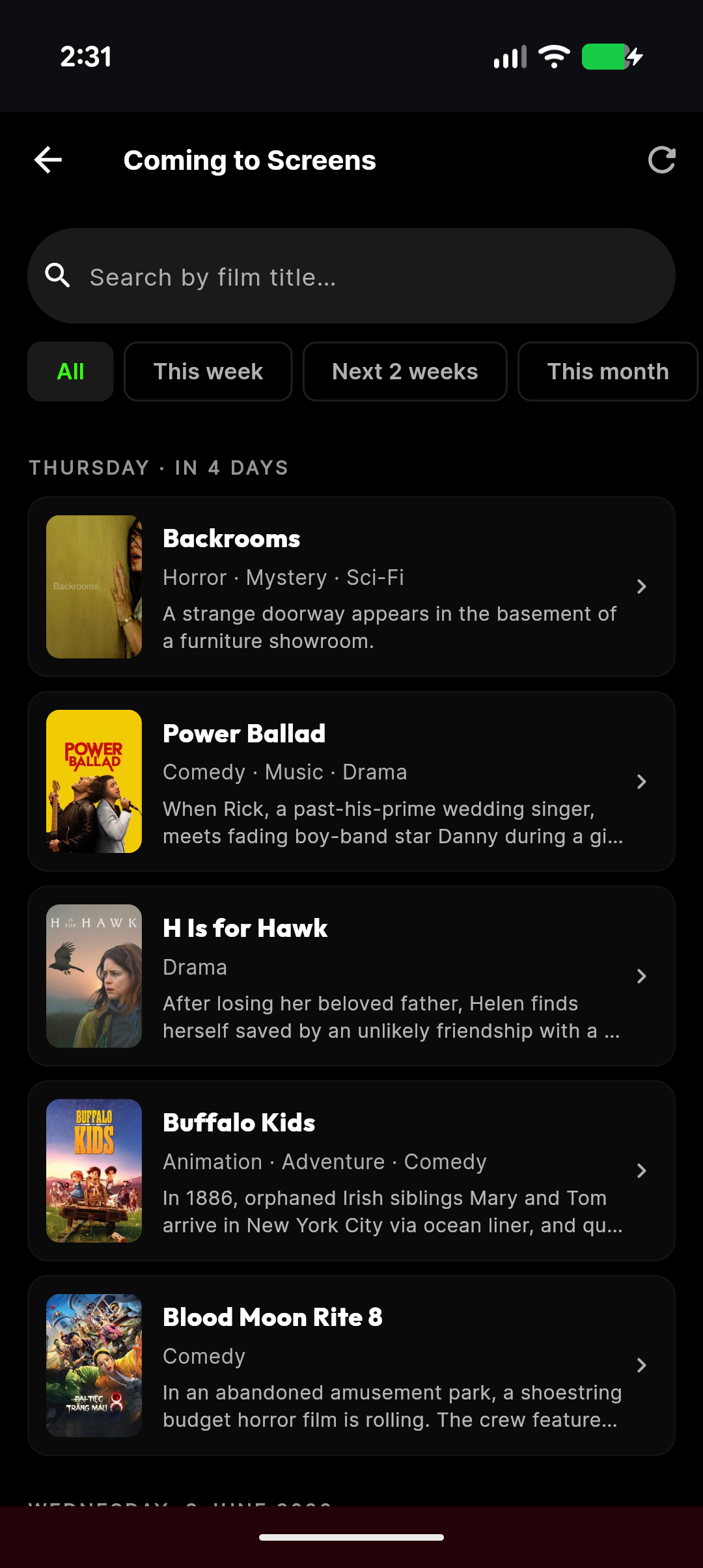 moviemates.social Coming to Screens page on iPhone — search by film title field, time-range filter chips (All / This week / Next 2 weeks / This month), upcoming films grouped by day. Thursday in 4 days shows Backrooms (Horror, Mystery, Sci-Fi), Power Ballad (Comedy, Music, Drama), H Is for Hawk (Drama), Buffalo Kids (Animation, Adventure, Comedy), and Blood Moon Rite 8 (Comedy)