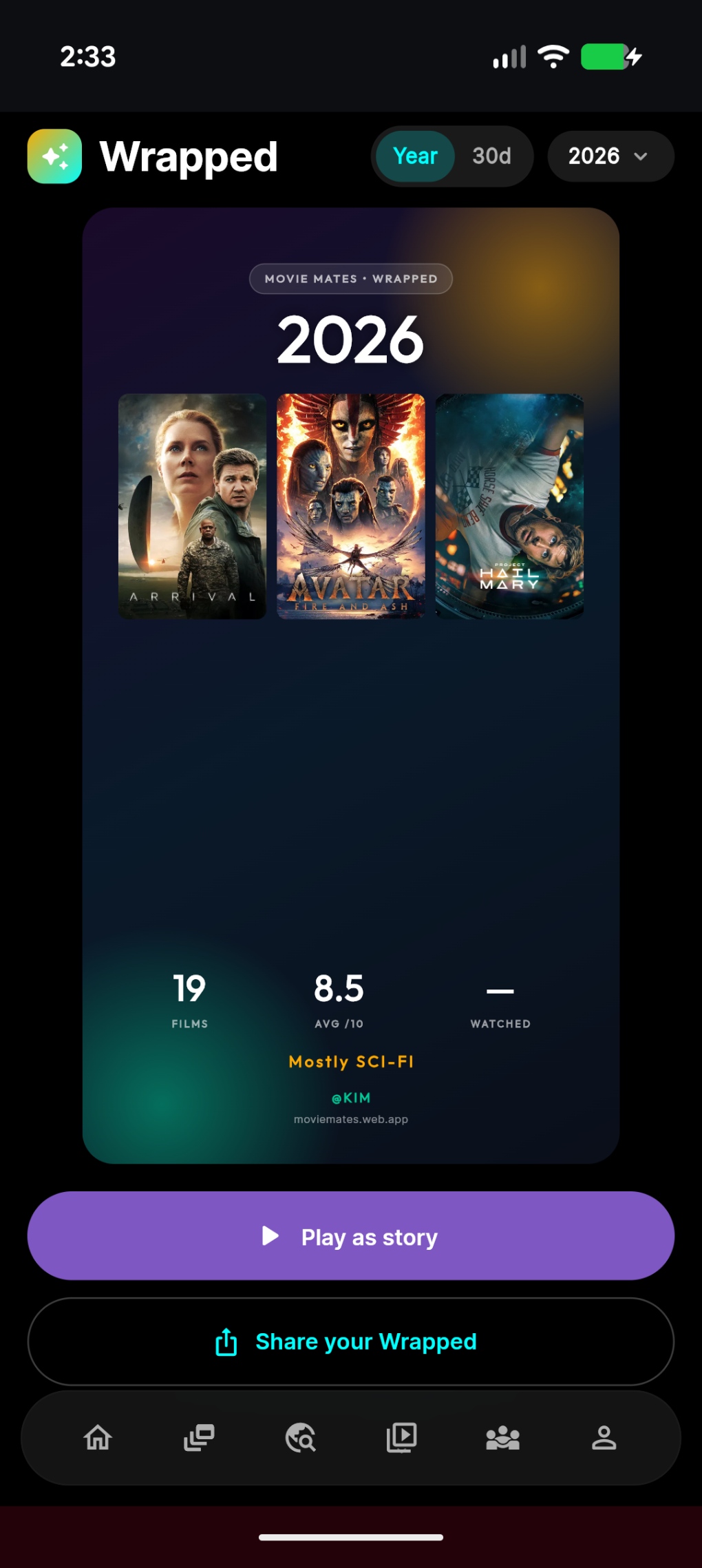 moviemates.social Wrapped — your year in film, Spotify-Wrapped-style annual viewing recap with top films, genres, mates, and cinemas