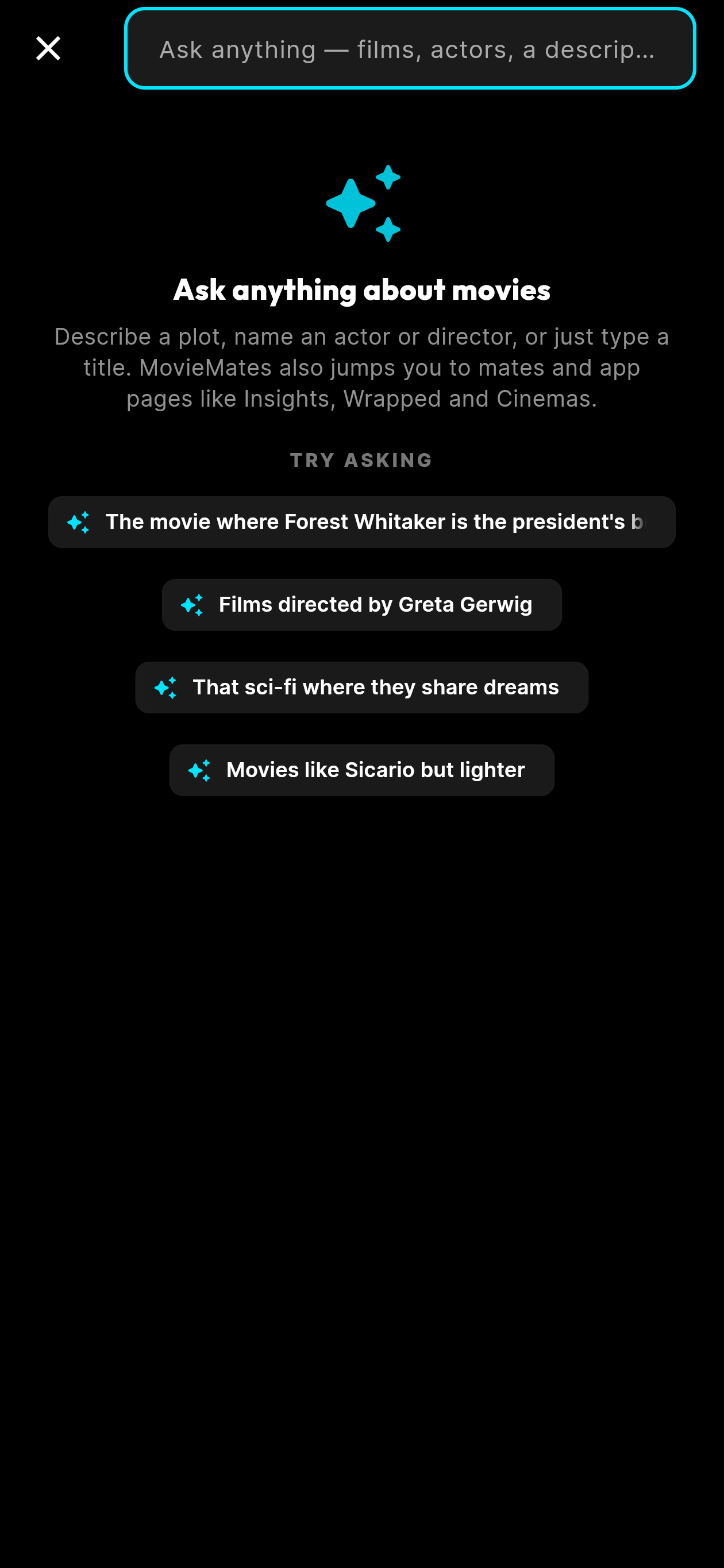 moviemates.social Ask Anything smart search — natural language movie queries, mate @handle lookup, and app screen shortcuts