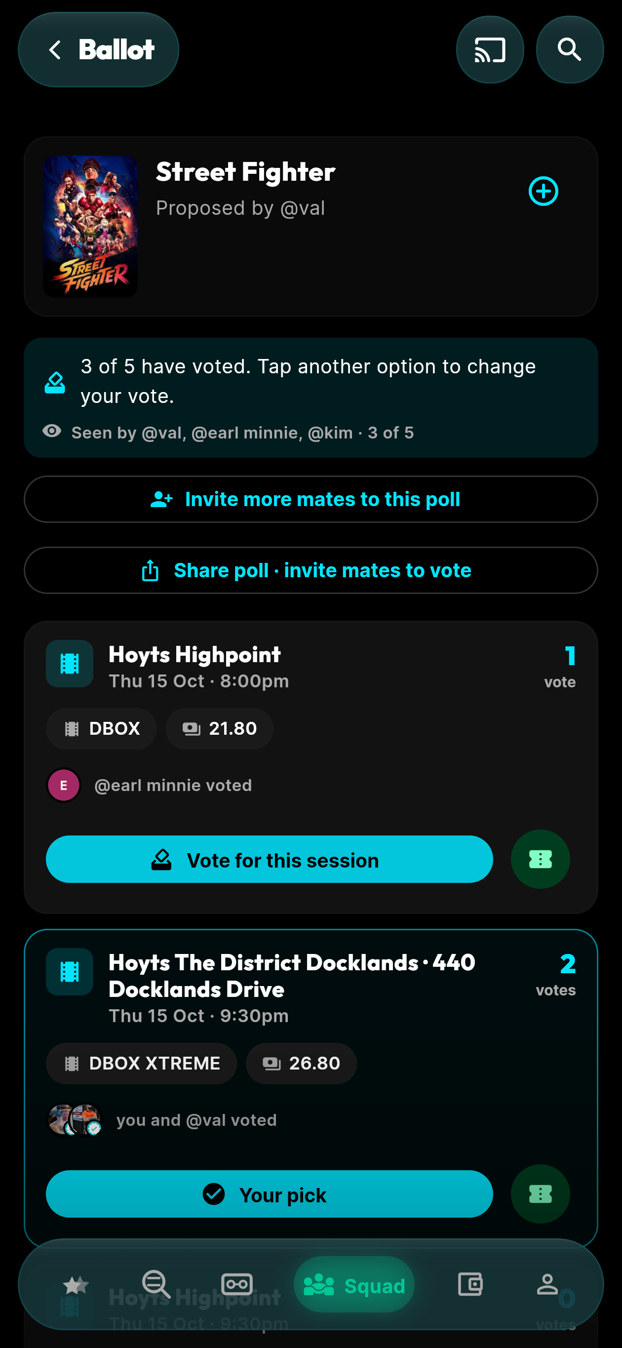 moviemates.social Squad Polls ballot — voting on Street Fighter cinema sessions at Hoyts Highpoint and Hoyts The District Docklands with D-BOX and XtremeScreen badges