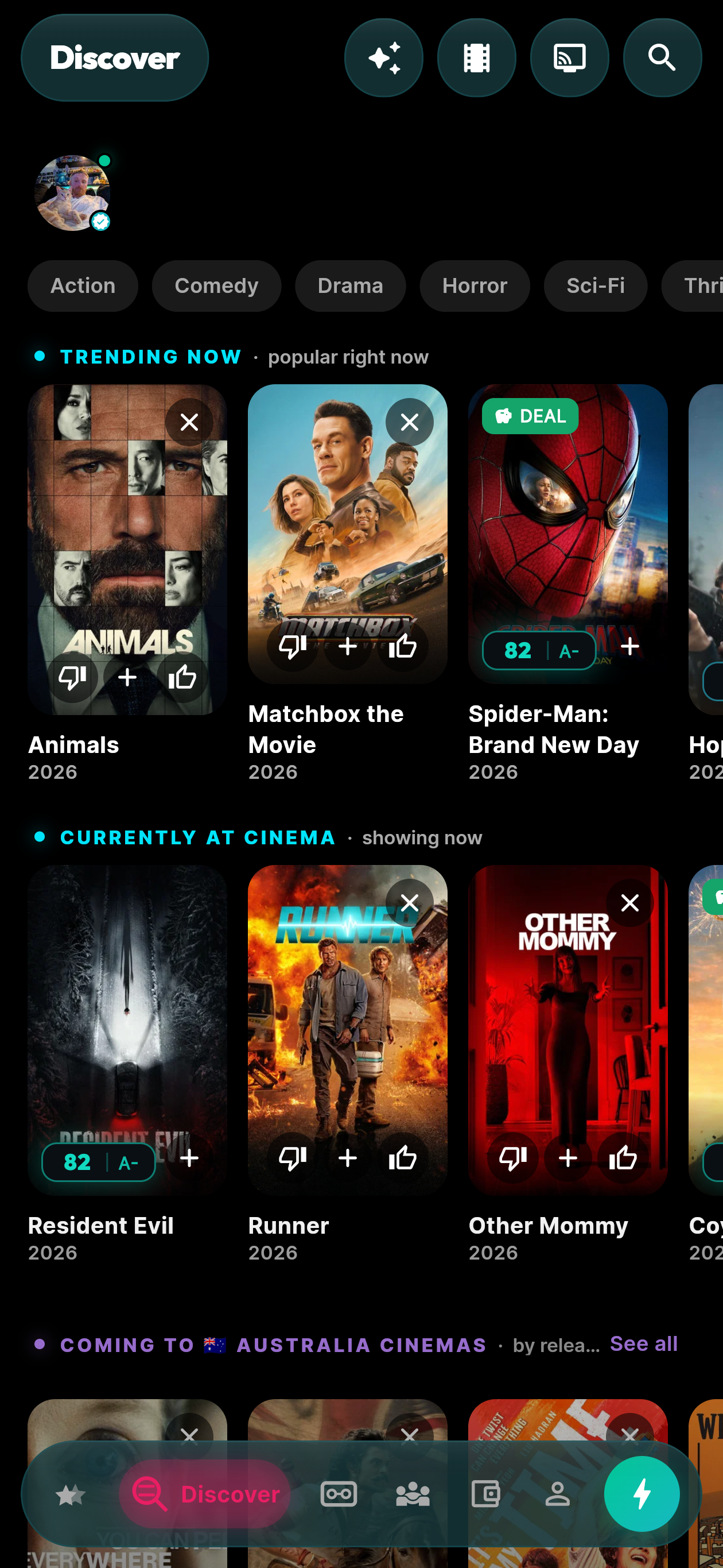 moviemates.social Discover tab — Trending Now films like Street Fighter, Supergirl, and Minions & Monsters, Currently at Cinema hits with 82 | A- score pills, and Coming to Australia Cinemas