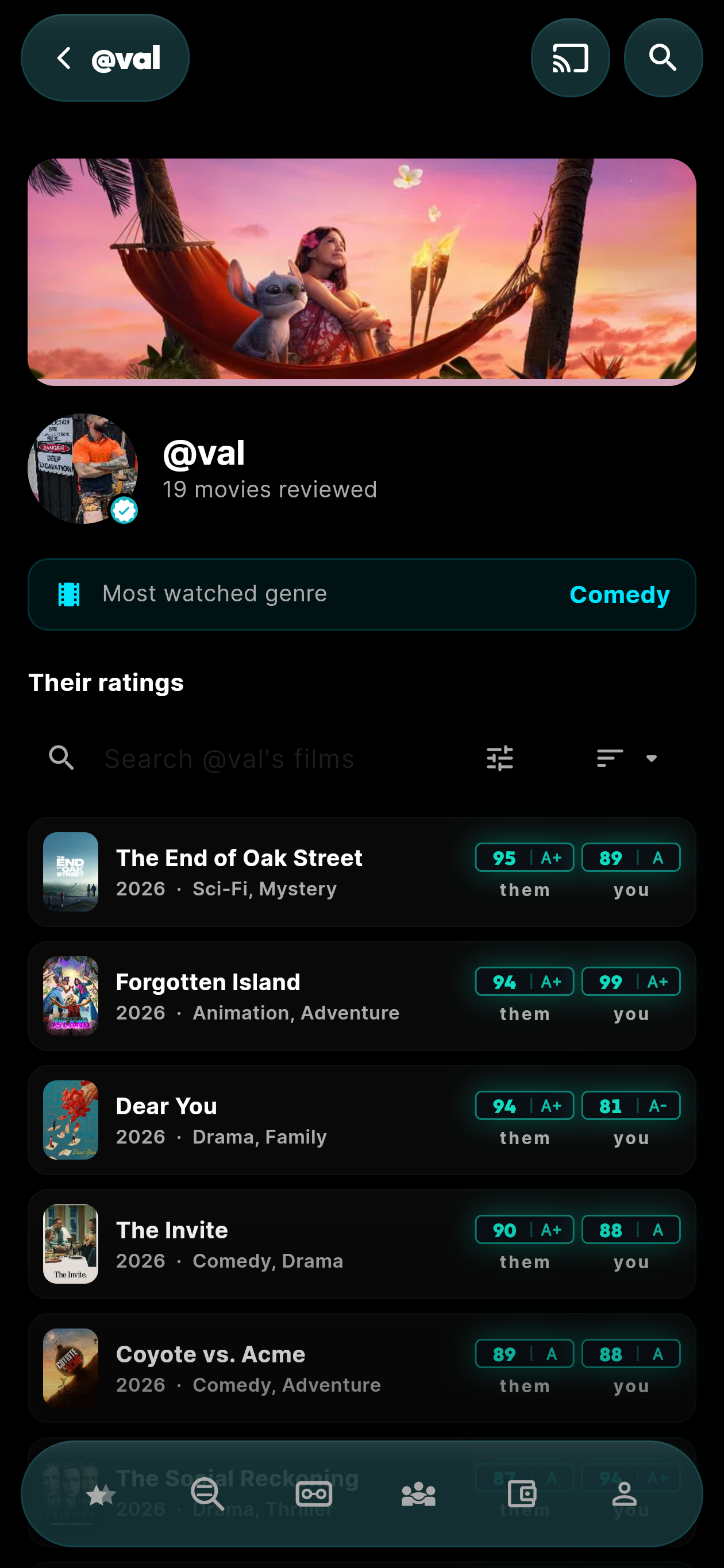 moviemates.social Mate Profile & Shared Taste — @val's profile showing 19 movies reviewed, Comedy top genre, and side-by-side 'them' vs 'you' Aurora score comparisons