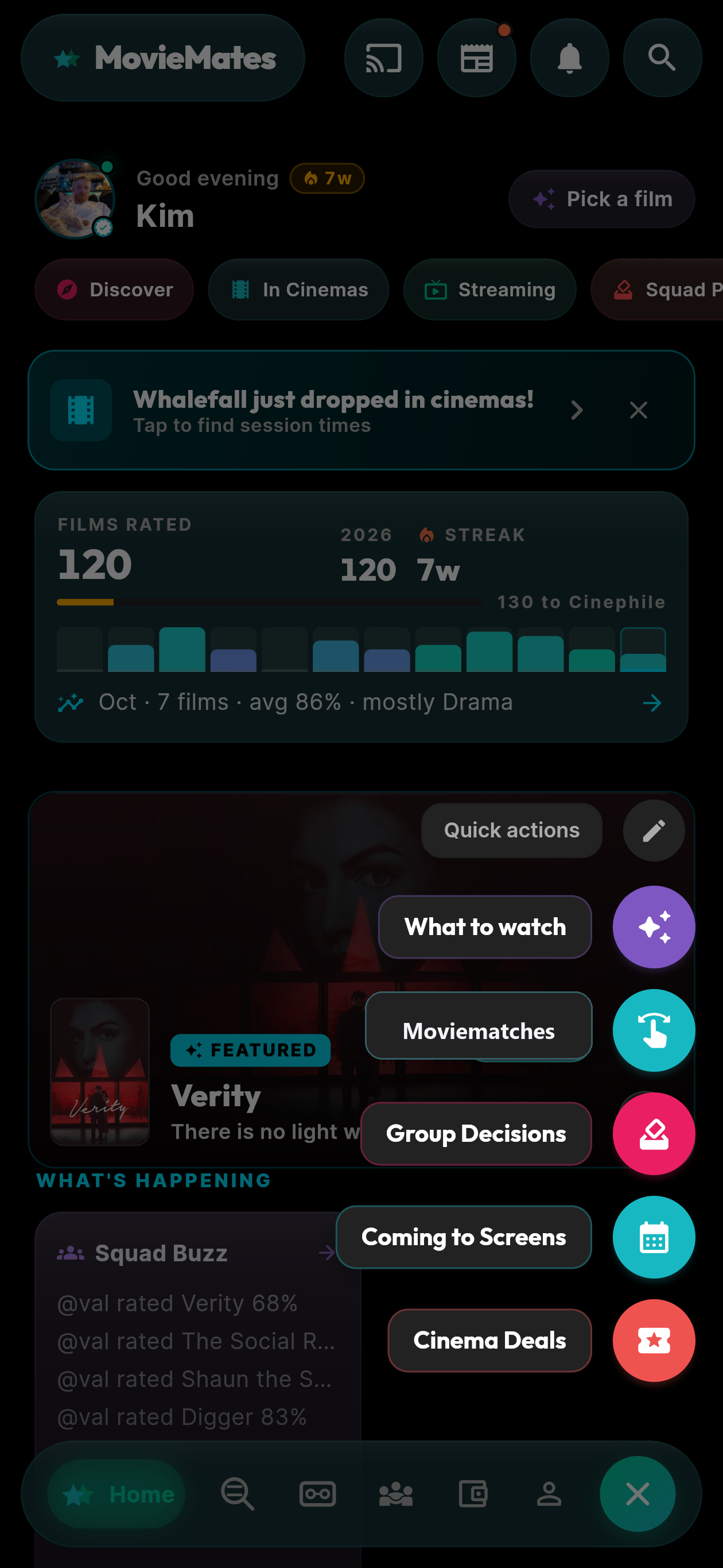 moviemates.social quick-actions menu — the floating lightning launcher expanded over the home screen into a speed dial of What to Watch, Moviematches, Group Decisions, Coming to Screens, and Cinema Deals