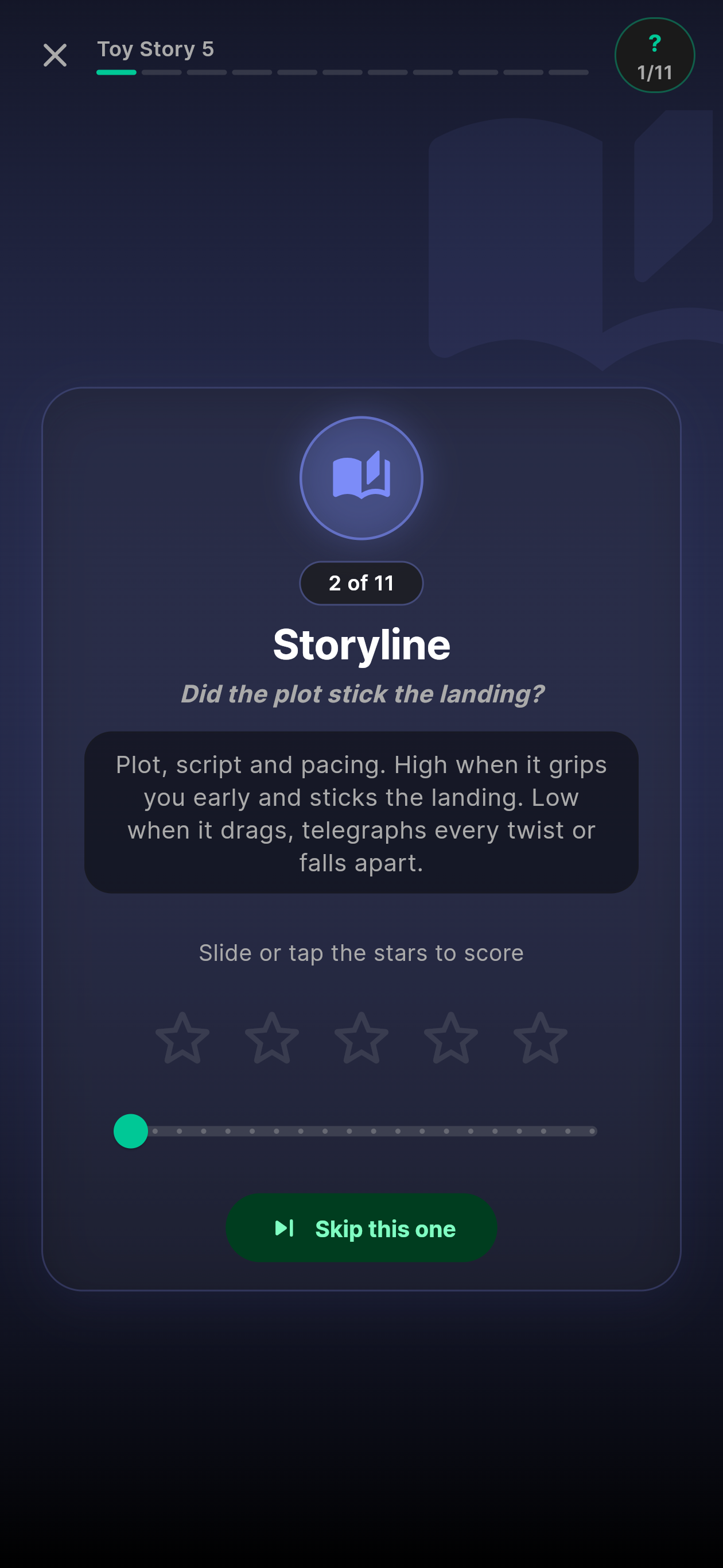 moviemates.social multi-craft rating screen: scoring Toy Story 5 step-by-step across 12 craft categories with quarter-star precision