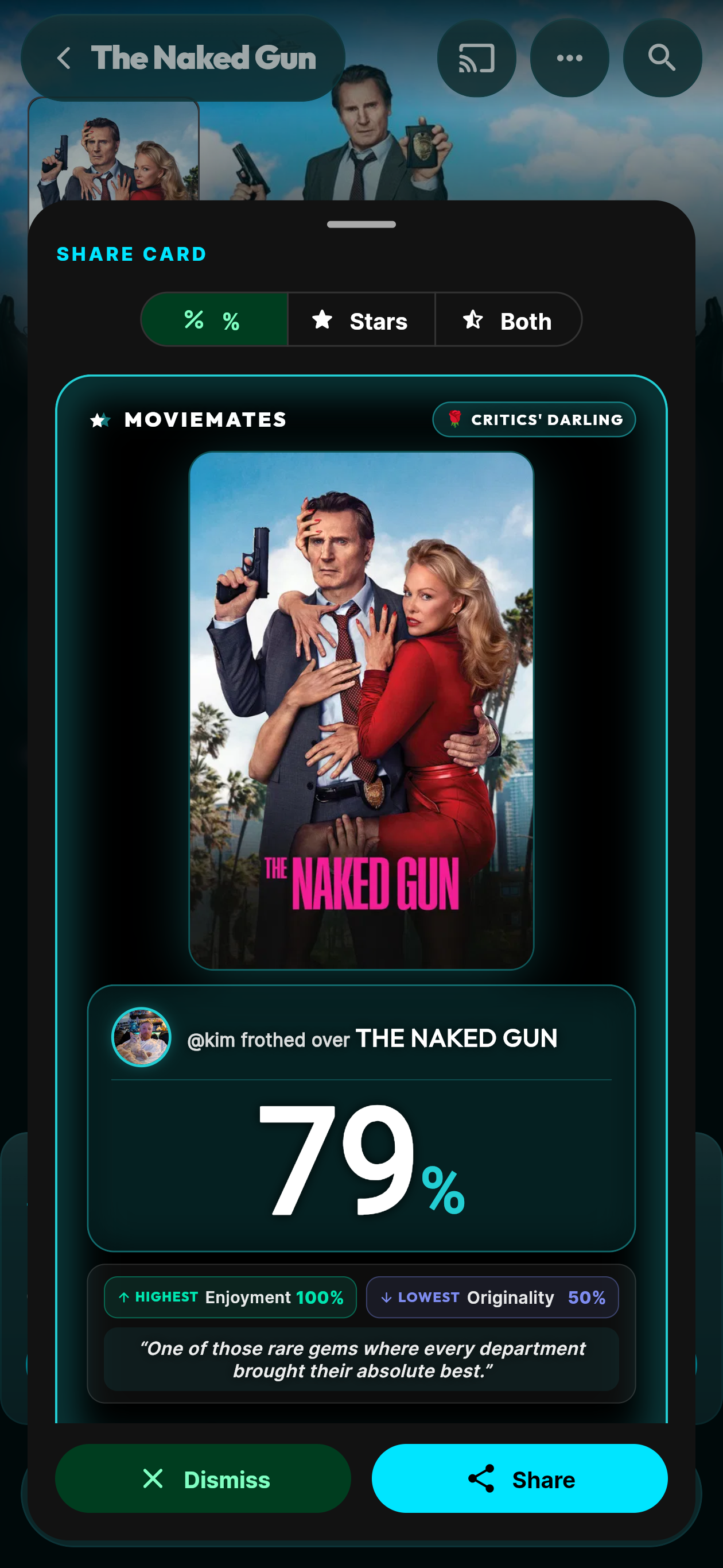 moviemates.social Share Card sheet: @kim frothed over The Naked Gun (79%) with Critics' Darling badge, Highest Enjoyment 100%, Lowest Originality 50%, and Percentage / Stars / Both toggle