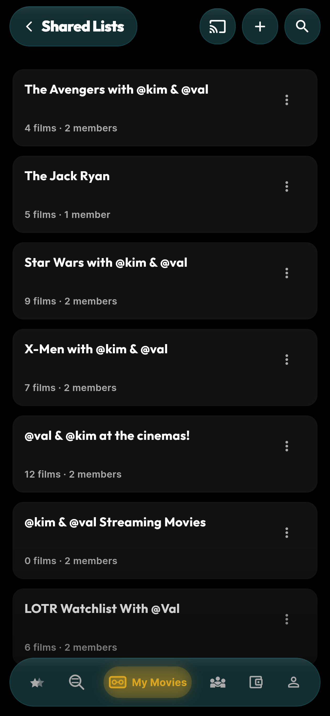 moviemates.social Shared Lists — co-curated watchlists with @kim & @val for The Avengers, The Jack Ryan, Star Wars, X-Men, and LOTR