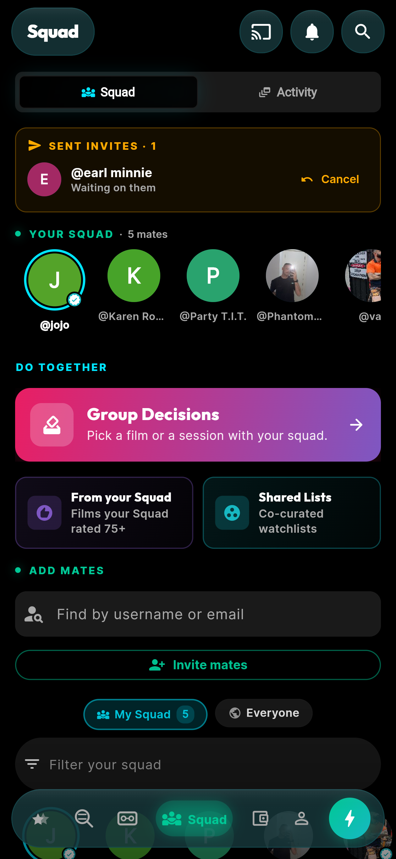 moviemates.social Squad Hub — showing your squad of mates, Squad vs Activity toggle, Group Decisions poll launcher, From your Squad reviews, and co-curated Shared Lists