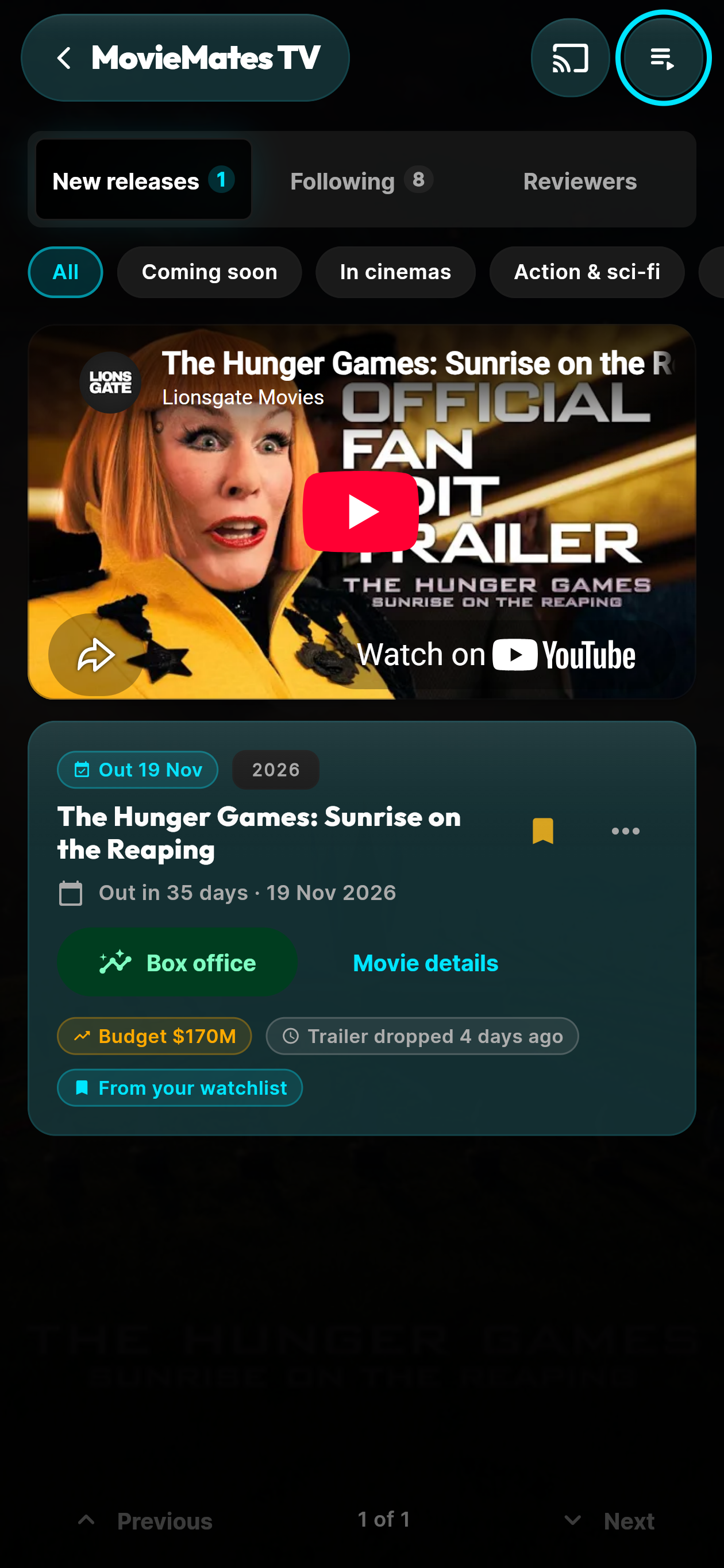 moviemates.social MovieMates TV — continuous ad-free trailer feed showing The Hunger Games: Sunrise on the Reaping, box office budget intel, and New Releases / Following / Reviewers channels