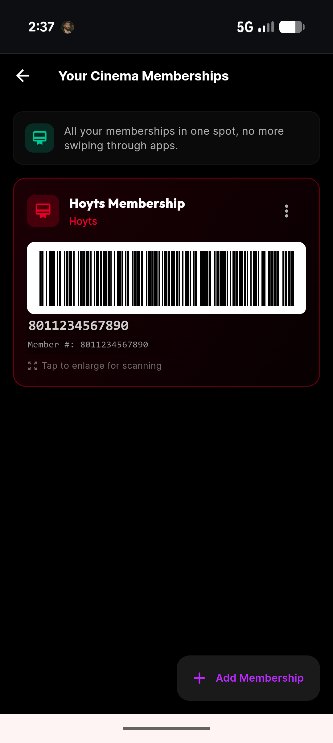 moviemates.social Wallet — Membership cards on iPhone showing a Hoyts Membership loyalty card with a scannable barcode and member number, plus an Add Membership button