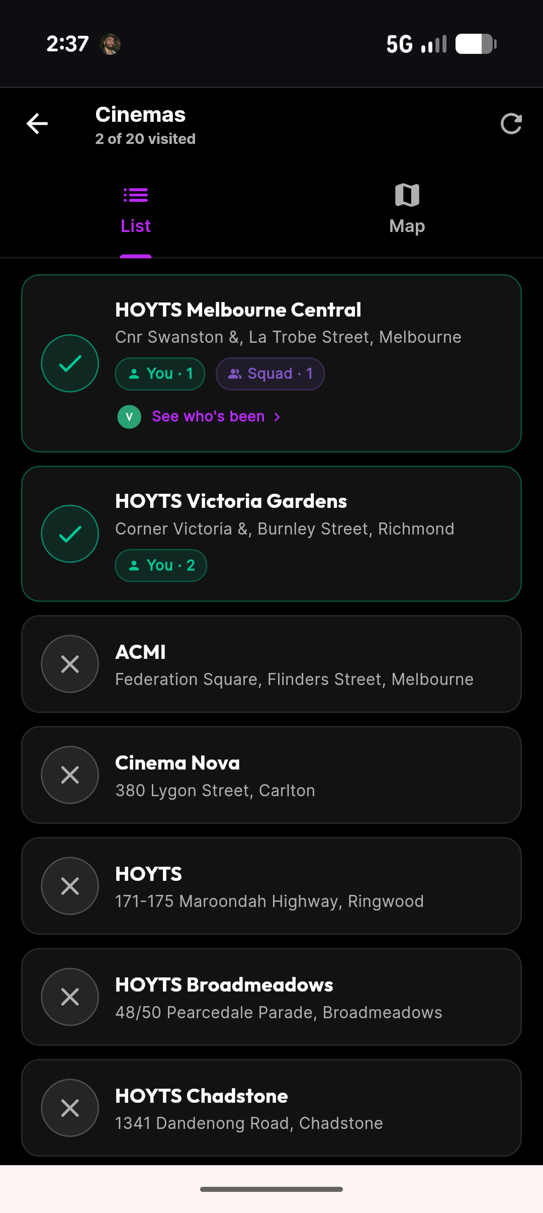 moviemates.social Wallet — Cinemas visited on iPhone, a 2 of 20 visited progress leaderboard with List and Map toggle listing HOYTS Melbourne Central, HOYTS Victoria Gardens, ACMI, Cinema Nova and more