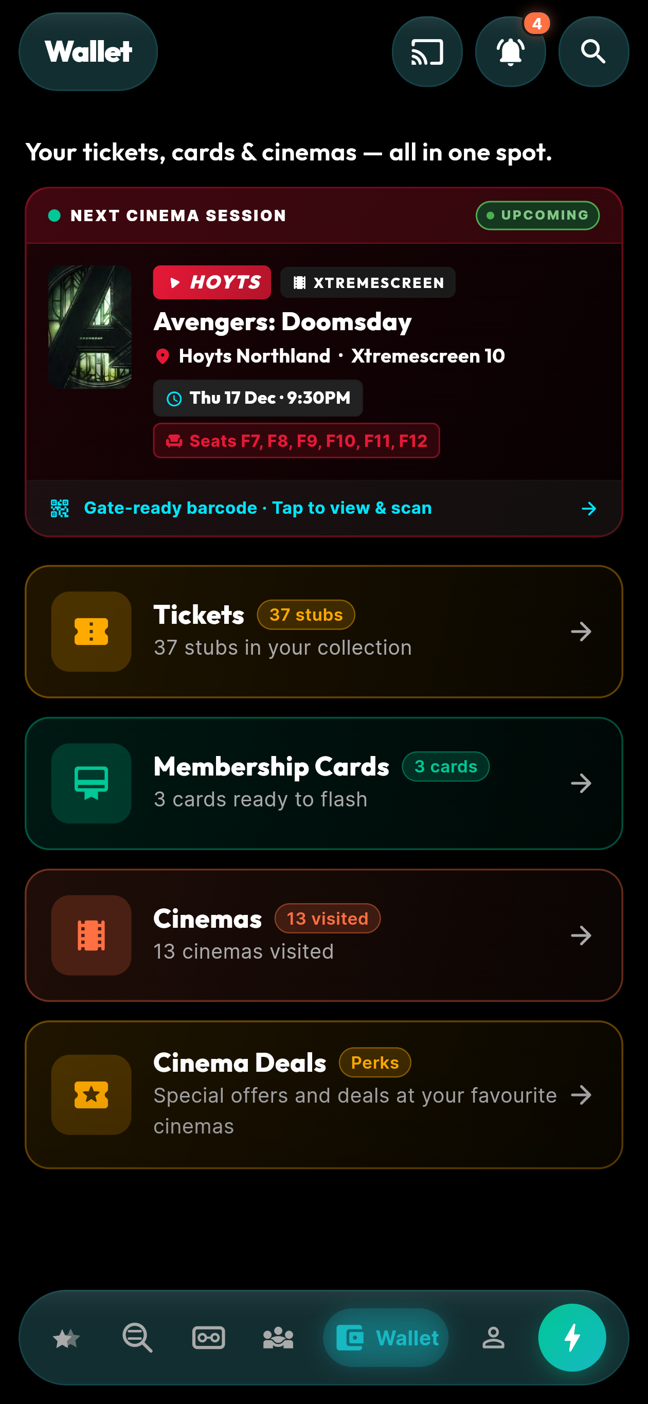 moviemates.social Wallet Hub — Next Cinema Session card for Avengers: Doomsday at Hoyts Northland Xtremescreen 10 with Seats F7-F12 and Gate-ready barcode, plus 37 ticket stubs, 3 membership cards, 13 cinemas visited, and Cinema Deals perks