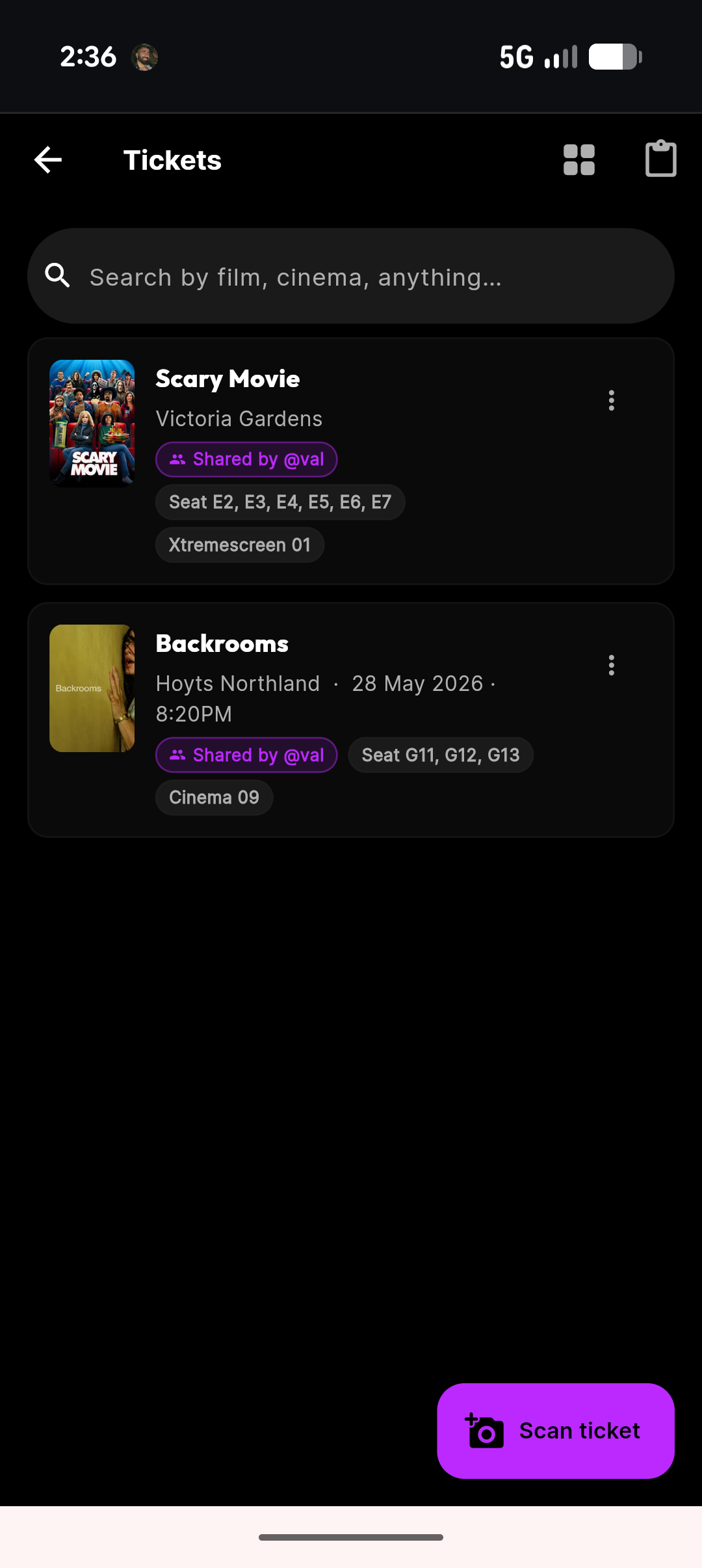 moviemates.social Wallet — Tickets on iPhone showing saved cinema tickets: Scary Movie at Hoyts Victoria Gardens (Xtremescreen 01, seats E2–E7, shared by @val) and Backrooms at Hoyts Northland (28 May 2026, 8:20PM, Cinema 09, seats G11–G13), with a floating Scan ticket button