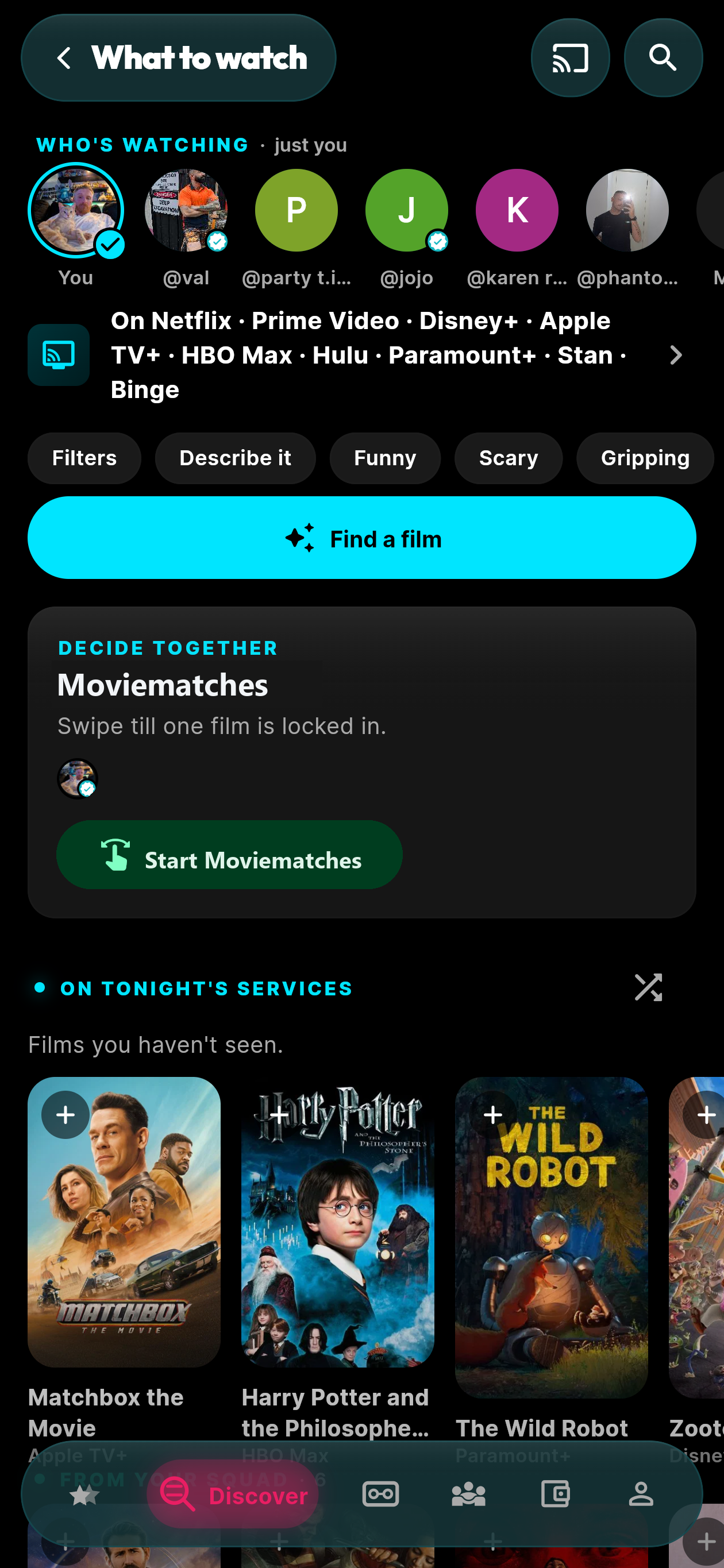 moviemates.social What to watch AI taste picker — Who's watching crew selector, streaming service icons, mood chips, Find a film button, and Play Moviematches launcher