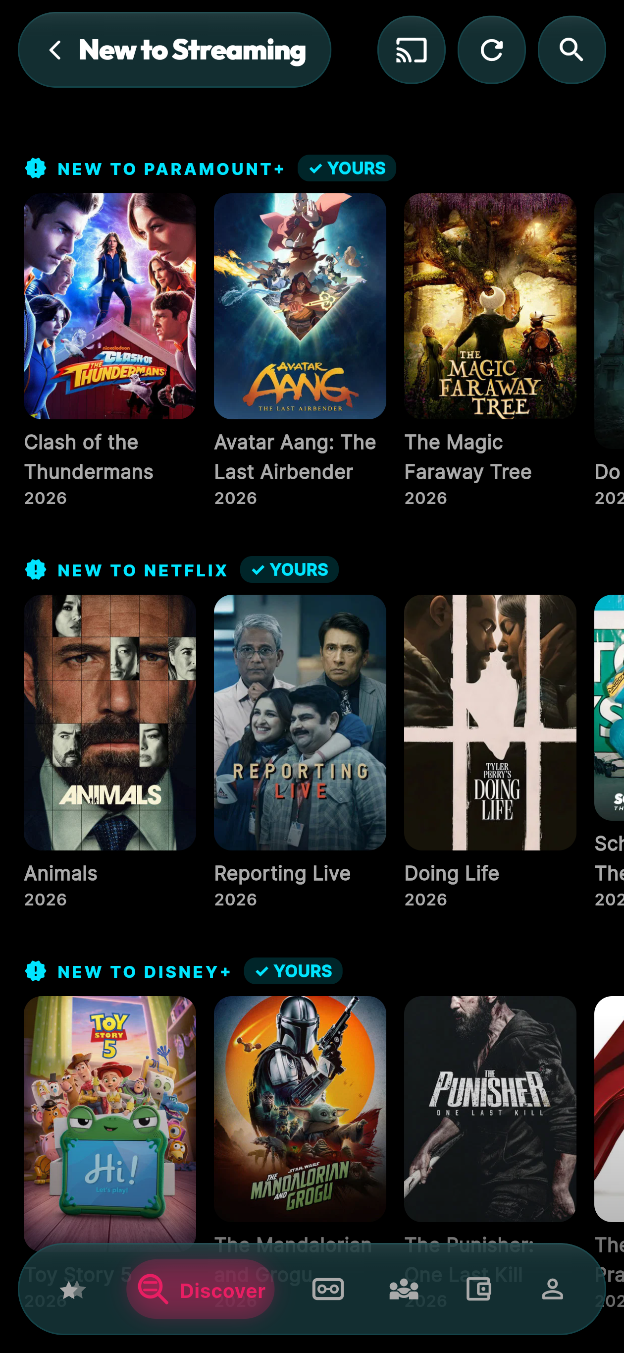 moviemates.social New to Streaming screen — showing fresh Australian movie arrivals across Paramount+, Netflix, and Disney+ with ✓ YOURS service badges